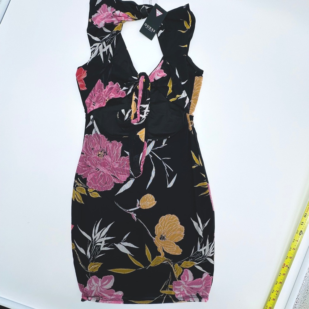 GUESS Womens Gabriella Black Floral Mesh Ruched Bodycon Tie Back Dress Resort - Picture 11 of 12